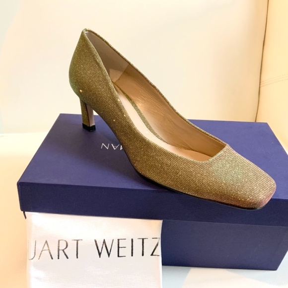 Stuart Weitzman Chelsea Gold Heel Pump Square Toe Dress Evening Fashion Shoe 8.5 - Picture 10 of 12